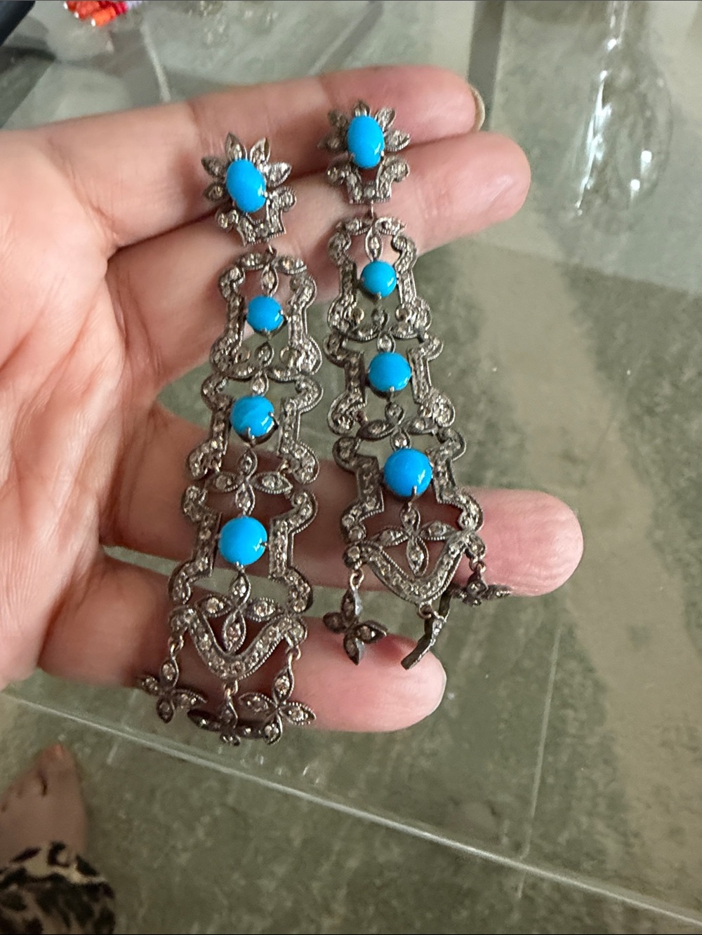 Silver Filigree Drop Earrings with Turquoise Accents - Picture 4 of 7